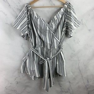 Lane Bryant Shirt Blouse sz 20 GRAY White Striped Stretchy  Off Shoulder Top Tie